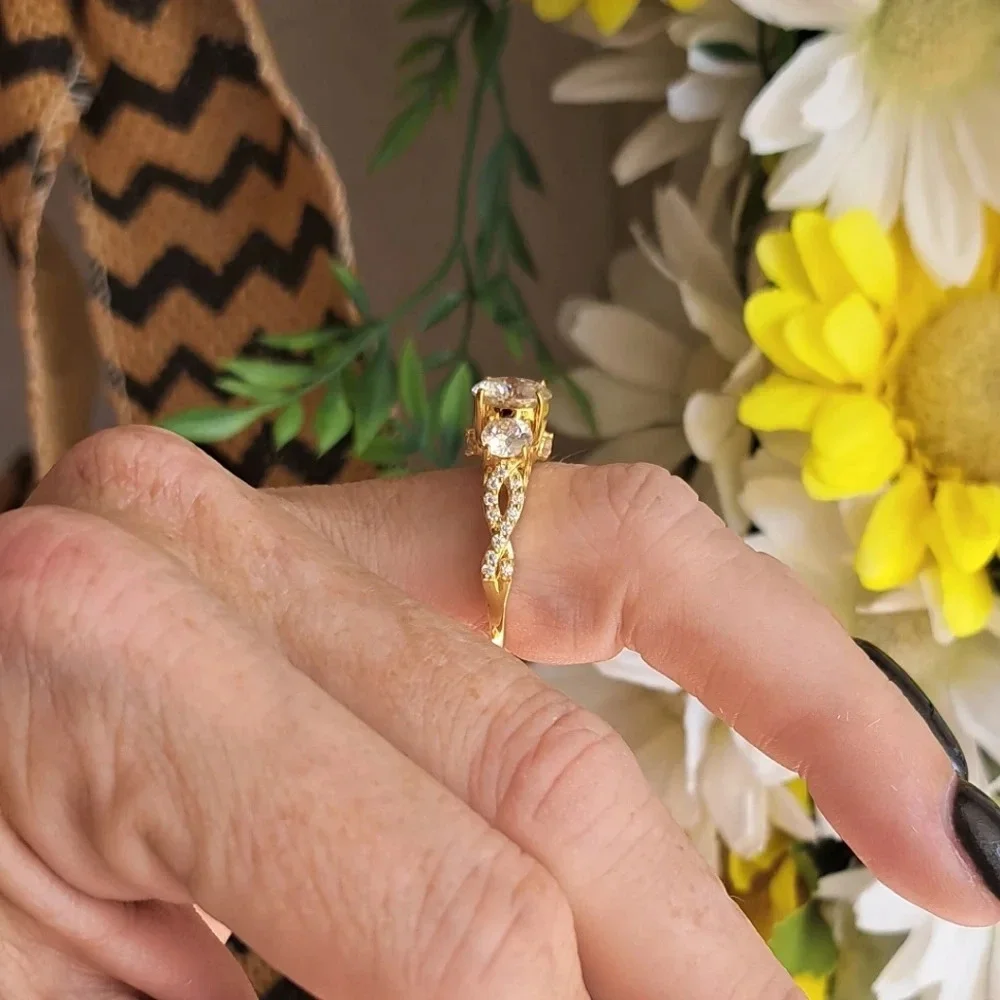 Genuine Moissanite Trilogy Ring In 14k YG Vermeil.